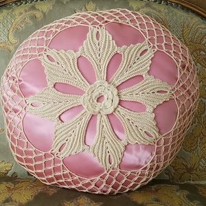 Vintage hand crochet pillow cover with satin insert pillow
